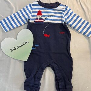 Gymboree - Blue and White Striped Footie with Walrus and Fish Embroidery